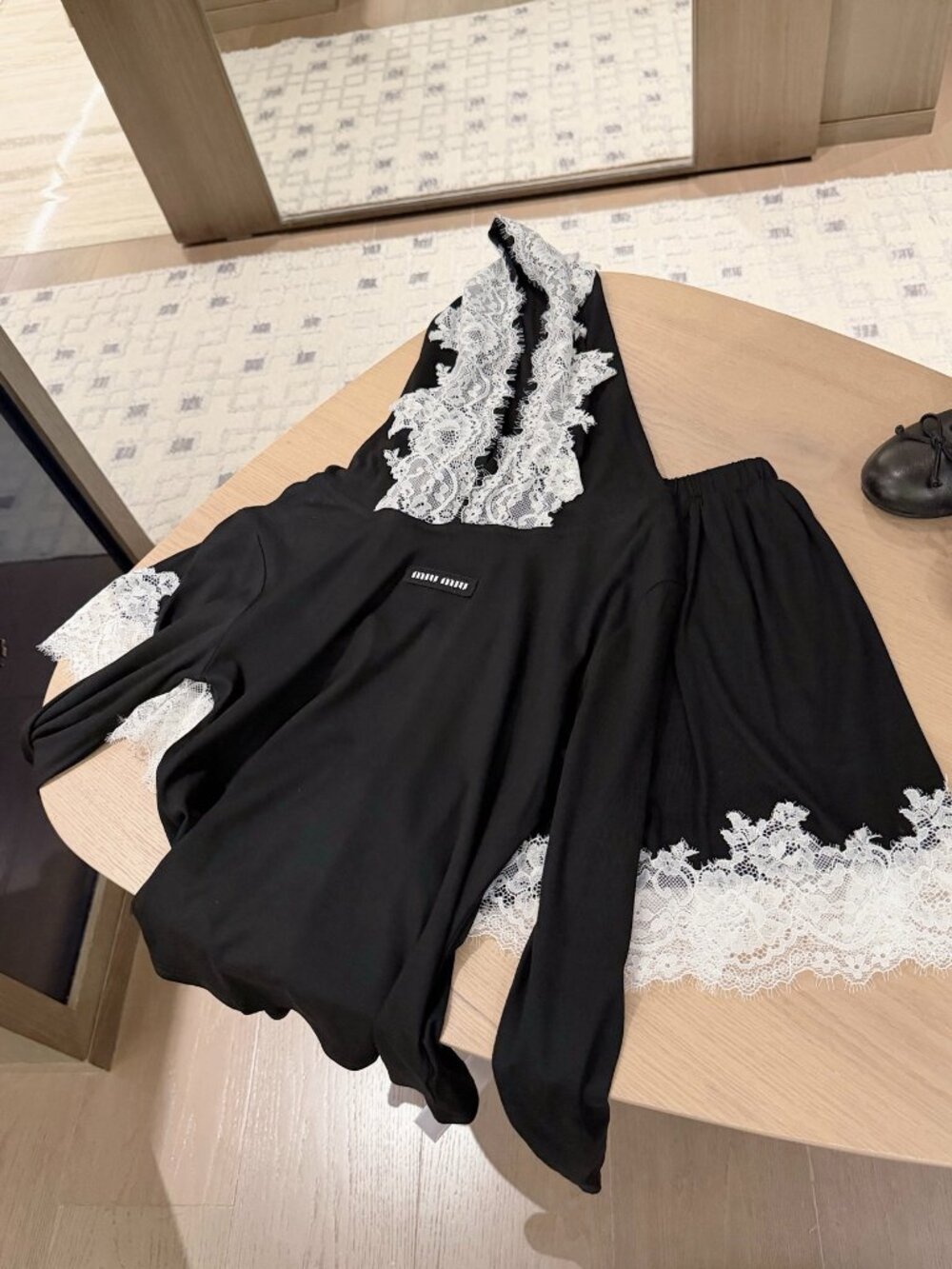 Miu Miu Black Lace Long-Sleeve Top + Loose Mini Skirt Set – Size S